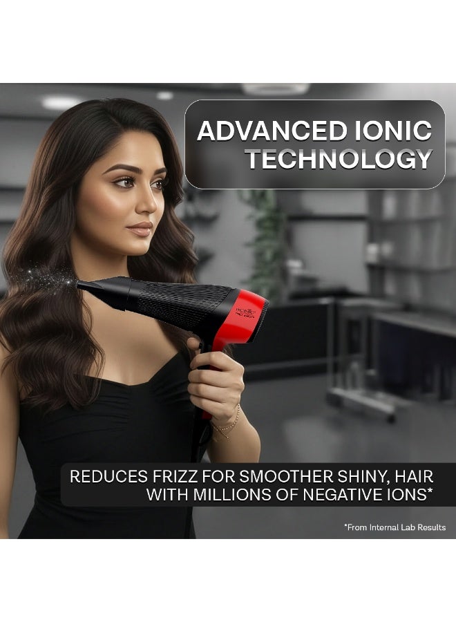 أي كونيك مجفف شعر Ikonic Pro 2200+، بقدرة 2200 واط مع محرك AC قوي، تقنية الأيونات، سرعتان و3 إعدادات للحرارة، زر هواء بارد (Cool Shot)، ضوضاء منخفضة، مع موزّع هواء وفوهة، مناسب للنساء والرجال، أحمر وأسود، مناسب لجميع أنواع الشعر. - Image 3